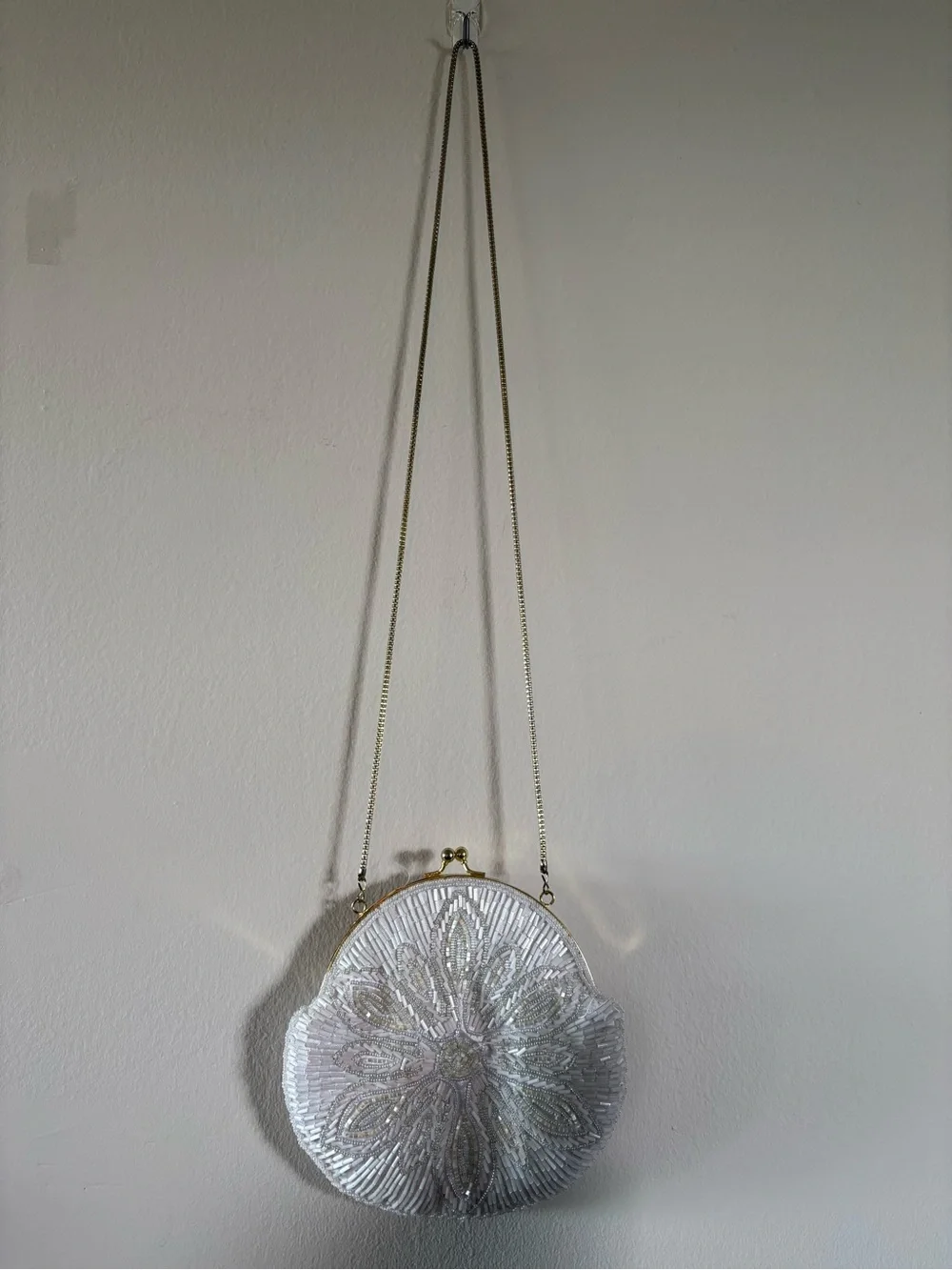 La Regale White Beaded Floral Clutch with Gold Chain